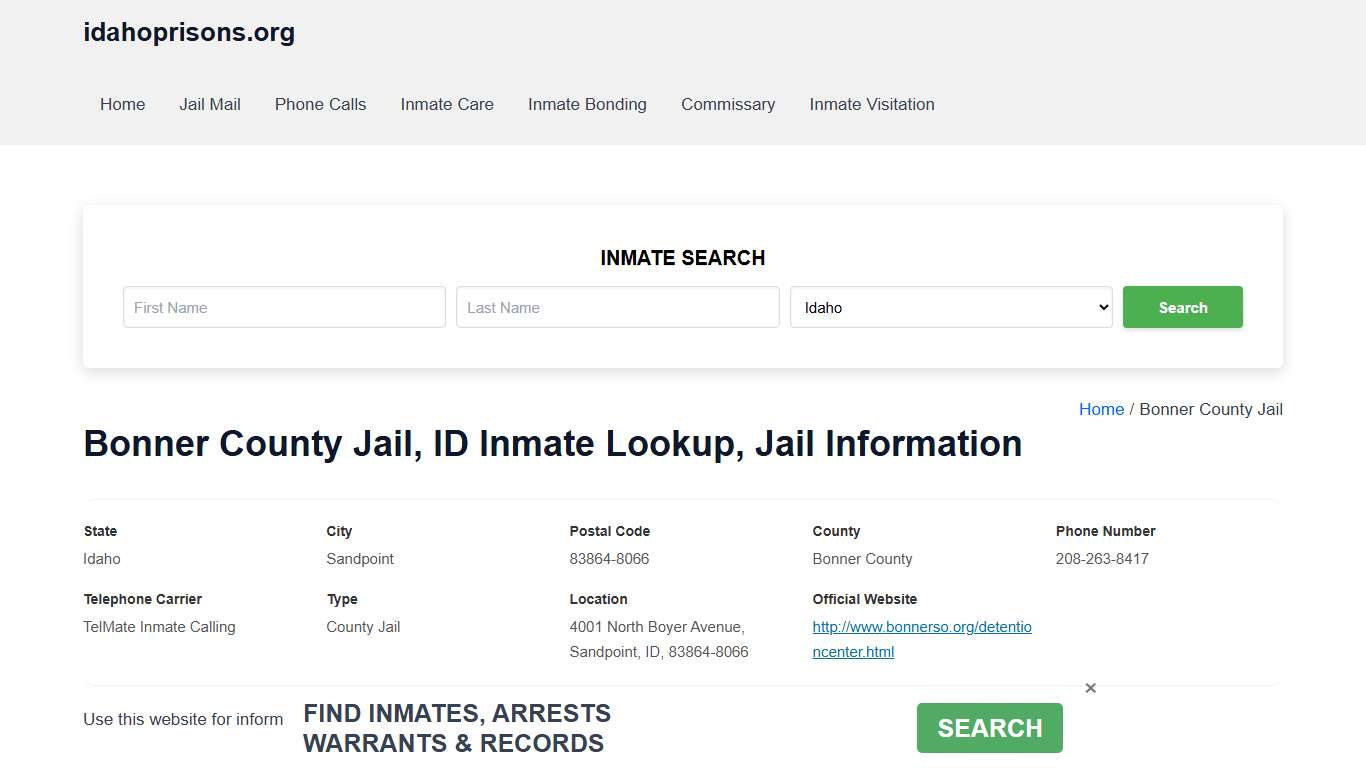 Bonner County Jail, ID - Offender Locator, Contacts, Inmate Info